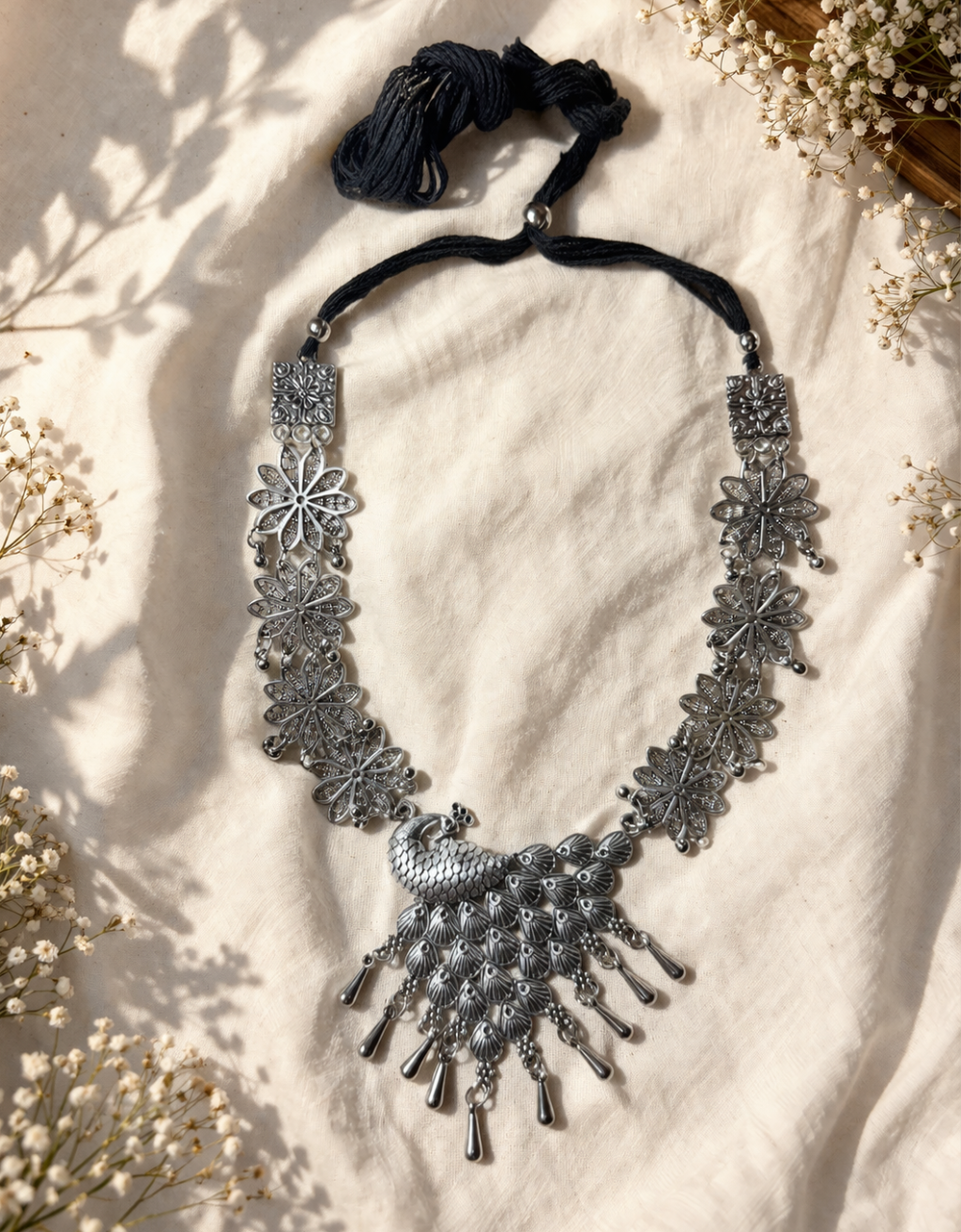 Oxidised Silver Peacock Necklace for Women | Handmade Floral Statement Jewellery | Tribal Ethnic Boho Necklace with Adjustable Thread | Indian Festive Wear Jewellery
