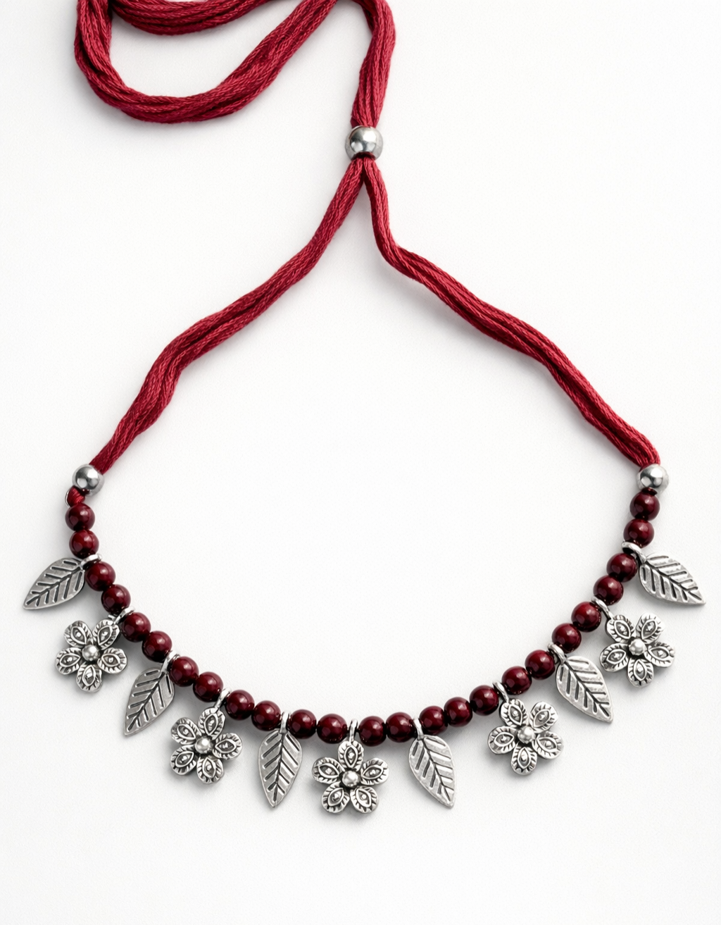 Red Thread Oxidised Silver Floral Necklace for Women | Oxidised Silver Beads Jewellery | Adjustable Ethnic Handmade Neckpiece for Women