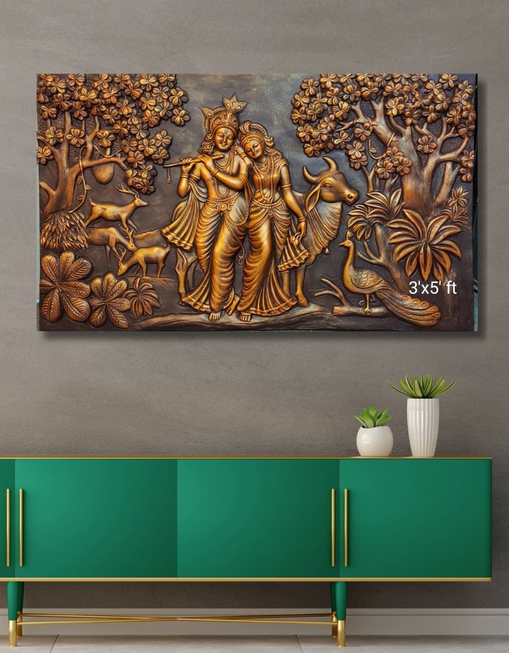 Radha Krishna with Tree Elephant Deer 3D Elevation Fiber Relief Mural Wall Art