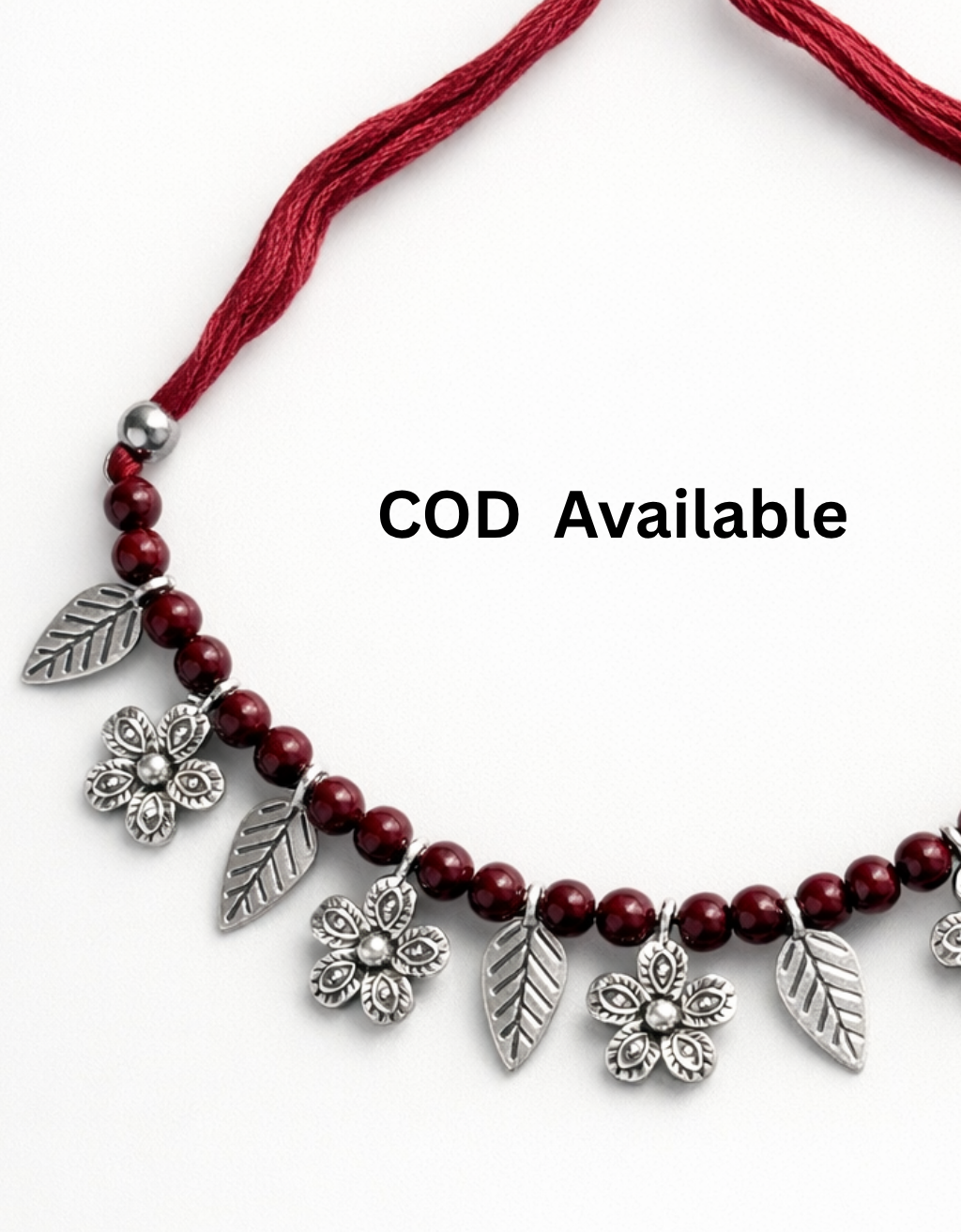 Red Thread Oxidised Silver Floral Necklace for Women | Oxidised Silver Beads Jewellery | Adjustable Ethnic Handmade Neckpiece for Women