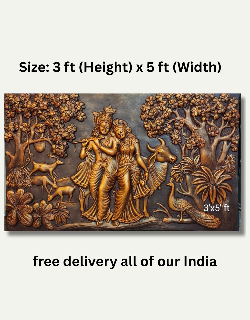 Radha Krishna with Tree Elephant Deer 3D Elevation Fiber Relief Mural Wall Art