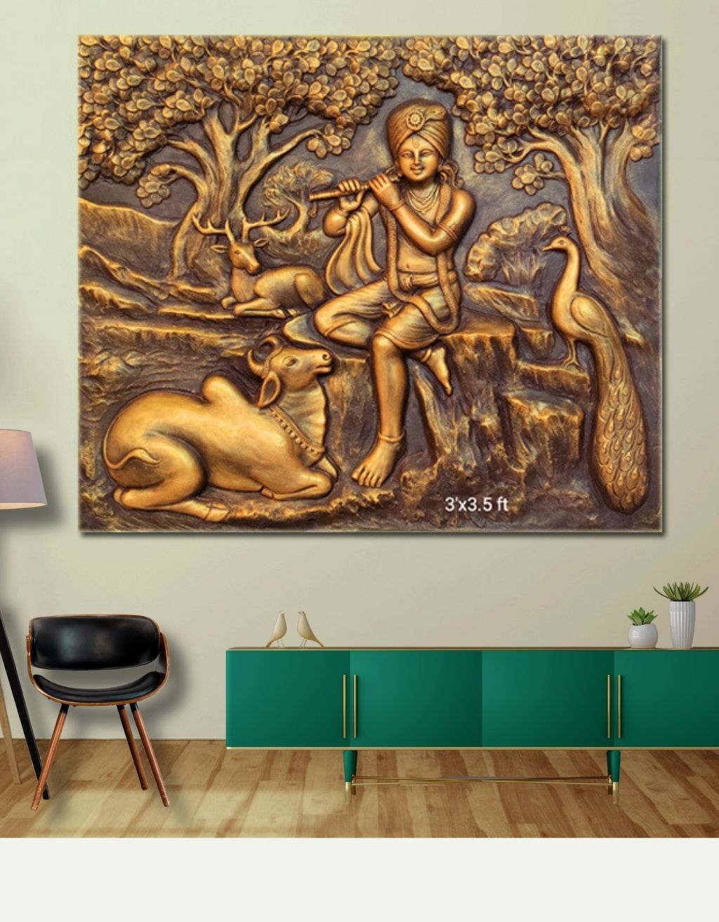 Krishna cow deer peacock wall hanging 3D Elevation Fiber Relief Mural Wall Art