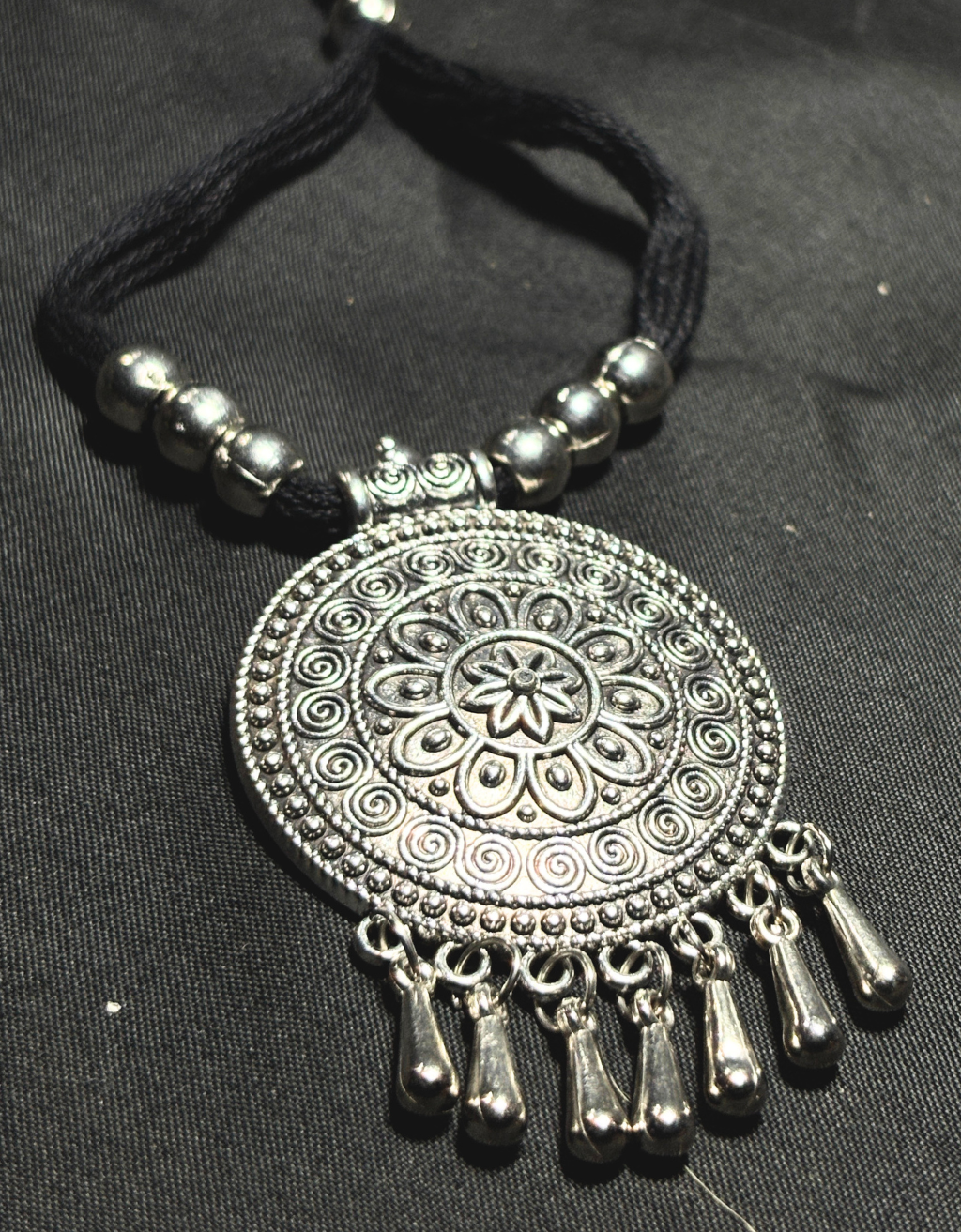 Oxidised Silver Pendant Necklace for Women| with Adjustable Black Thread Necklace