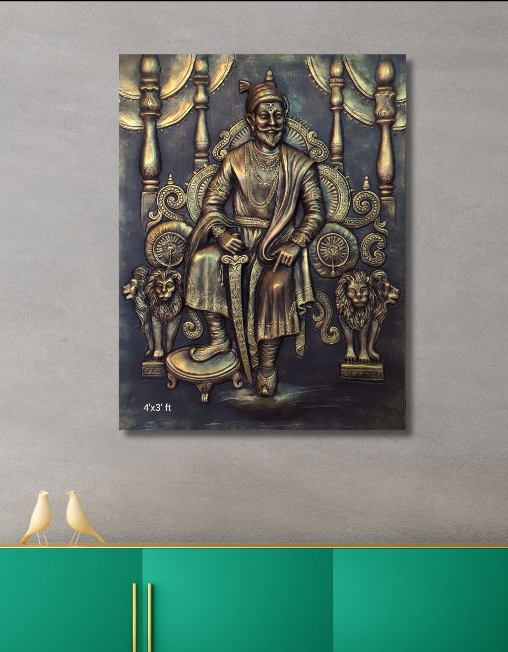 Chhatrapati Shivaji Maharaj Wall Art 4×3 ft | Premium 3D Metal Finish Artwork | Royal Indian King Wall Decor for Home & Office