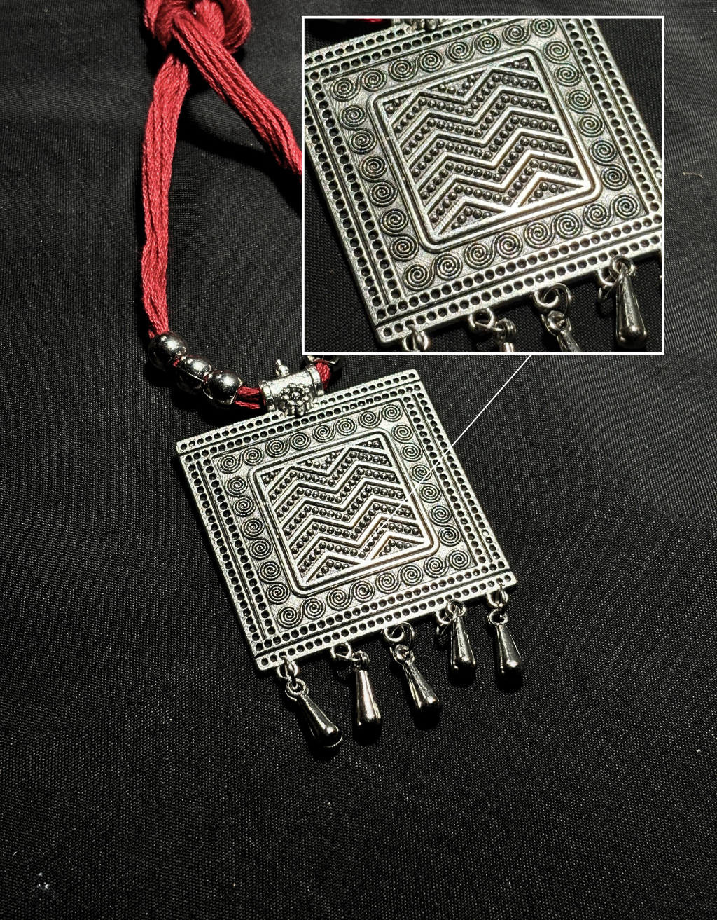 Oxidised Silver Square Pendant Necklace with Red Thread | Tribal Geometric Statement Jewellery | Adjustable Ethnic Necklace for Women – ShopJhuri