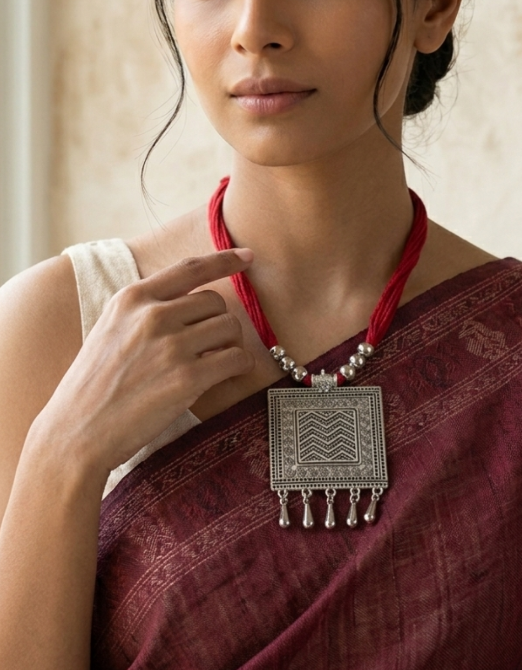 Oxidised Silver Square Pendant Necklace with Red Thread | Tribal Geometric Statement Jewellery | Adjustable Ethnic Necklace for Women – ShopJhuri