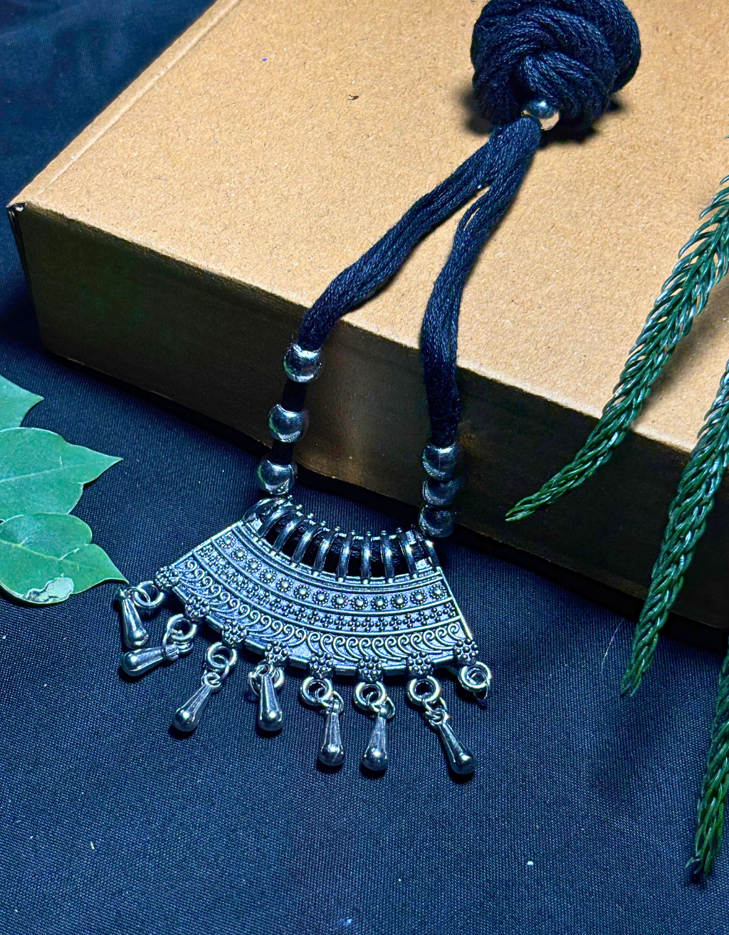 Oxidised Silver Pendant Necklace | Minimal Tribal Drop Design | Adjustable Thread Ethnic Jewellery for Women – ShopJhuri