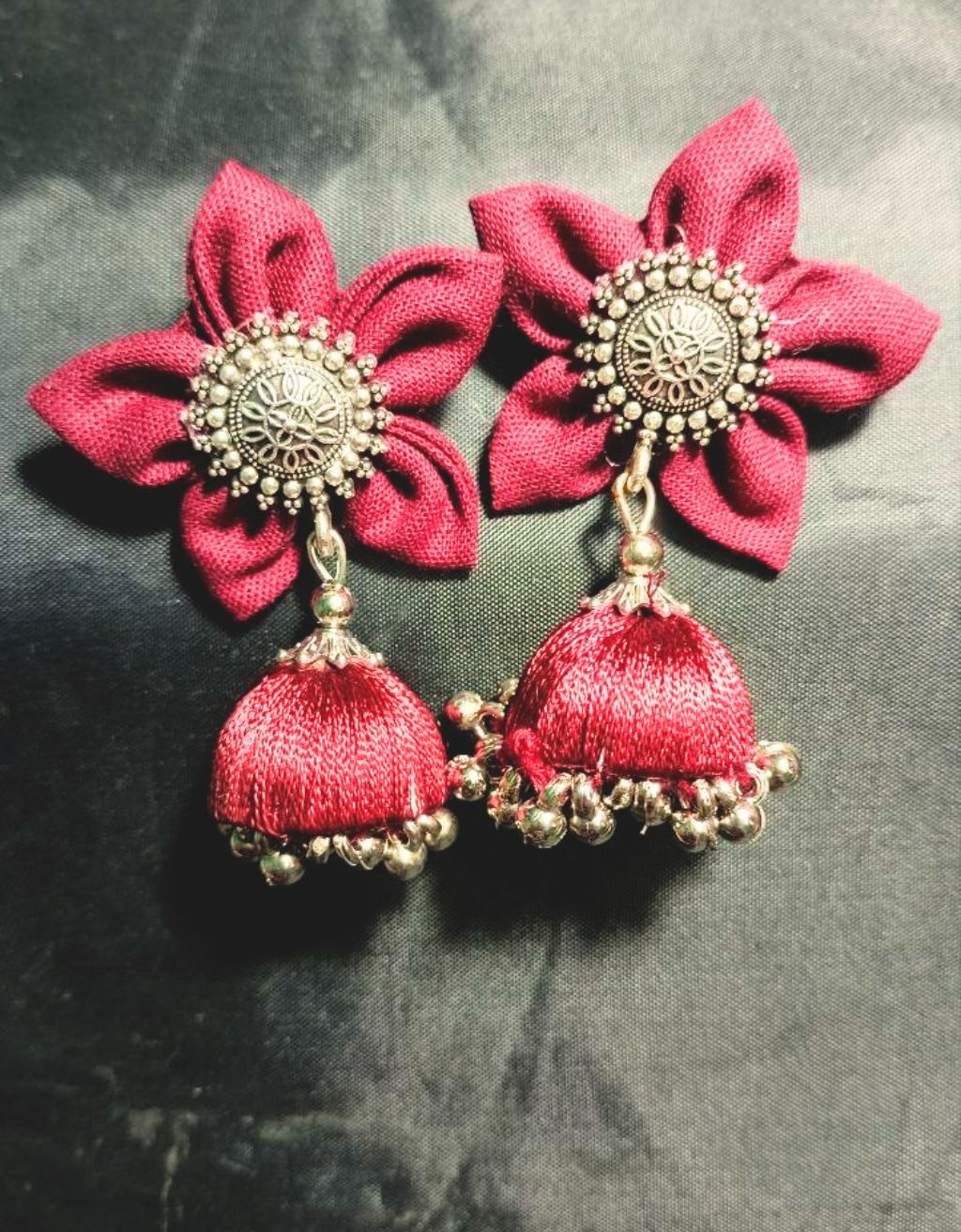Red Fabric Flower Jhumka Earrings with Intricate Gold-Tone Detailing
