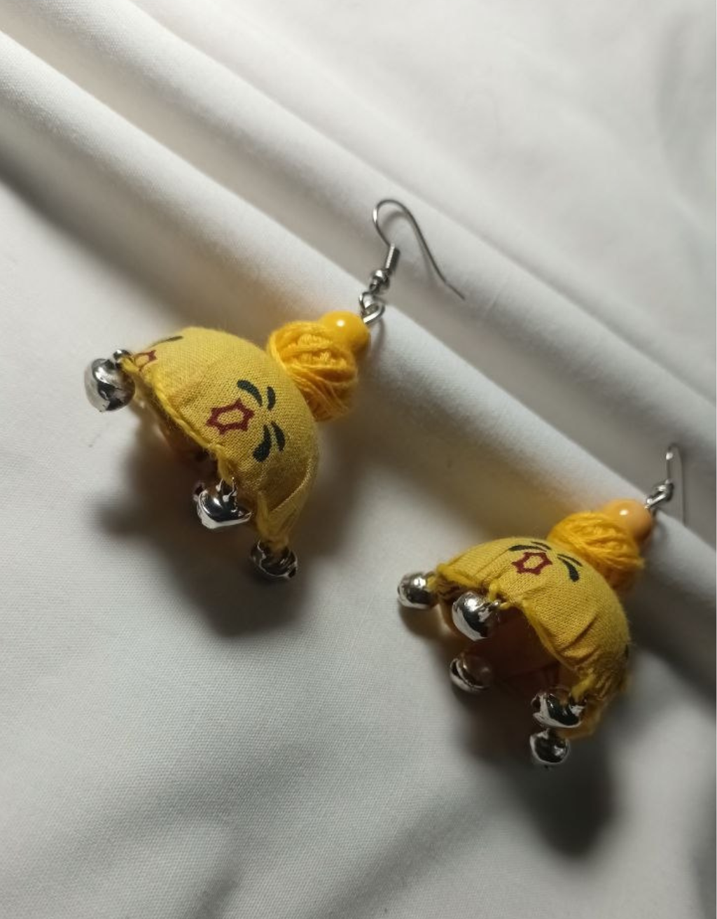 Yellow Fabric Jhumka With Silver Dholki Beads Earrings