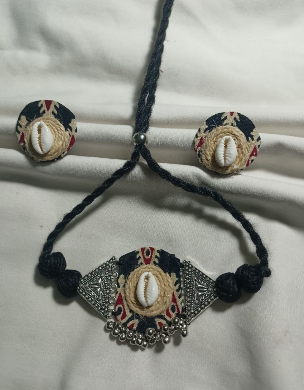 Handmade Tribal Cowrie Shell Necklace Set with Matching Fabric Bangles & Earrings Combo set for women and girls , Shopjhuri. New Style