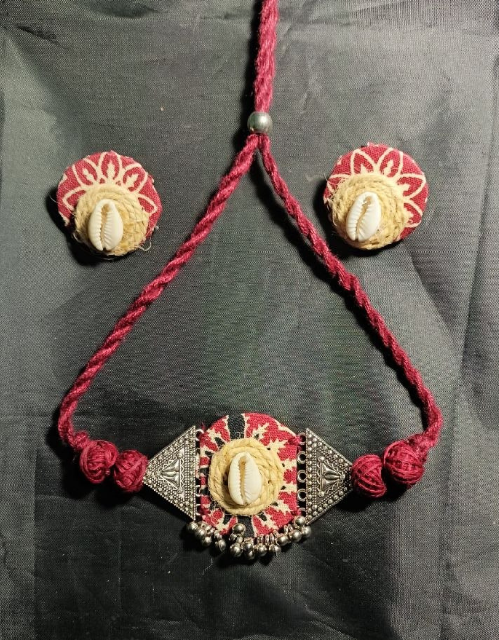 Handmade Red Tribal Cowrie Shell Jewellery Set with Fabric Bangles & Matching Earrings