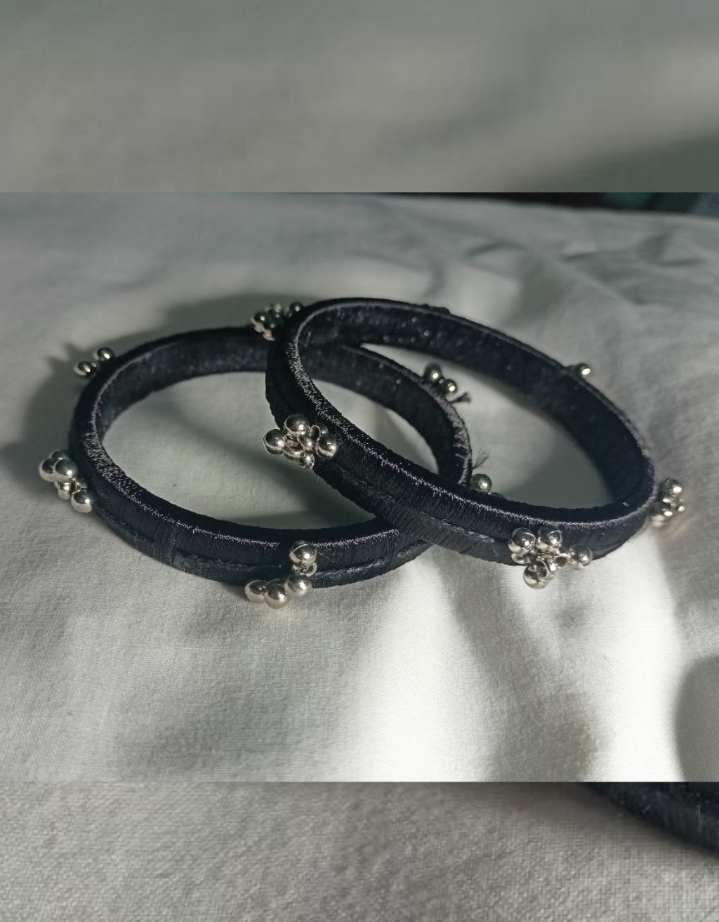 Handmade Black Fabric Bangles for Women | Soft Cloth Bangles with Silver Ghungroo Latkan Lightweight Daily Wear & Festive Wear | Black Bangle Set