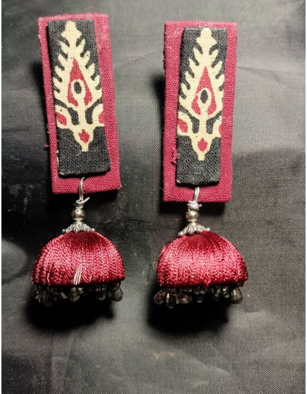 Red Handcrafted Fabric Jhumka Earrings | ShopJhuri