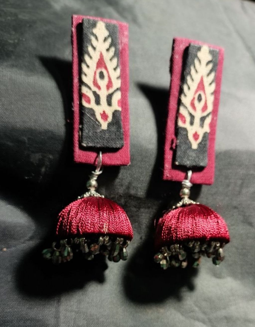 Red Handcrafted Fabric Jhumka Earrings | ShopJhuri