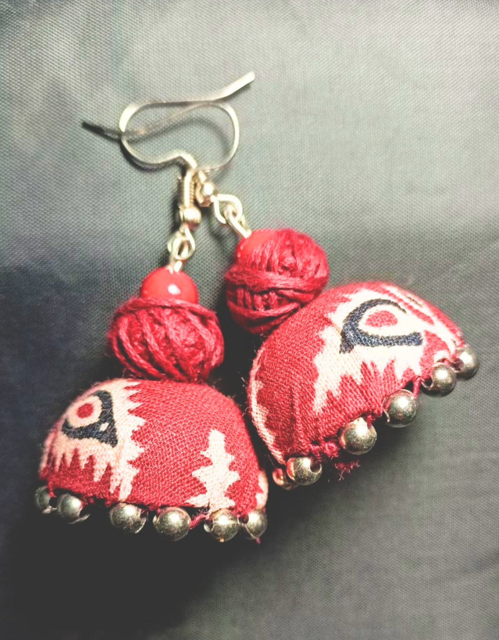 Red Fabric Jhumka With Silver Dholki Beads Earrings