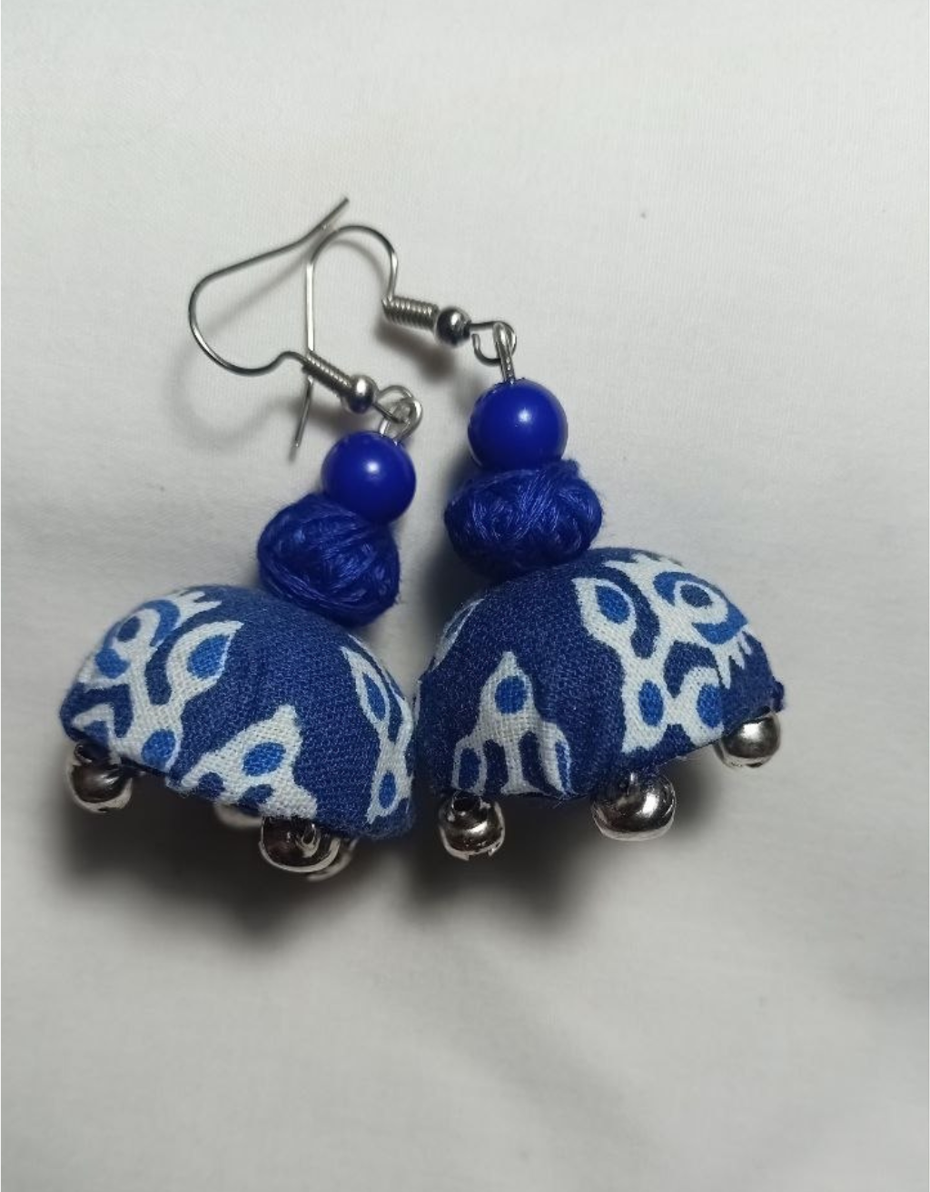 Blue Fabric Jhumka With Silver Dholki Beads Earrings