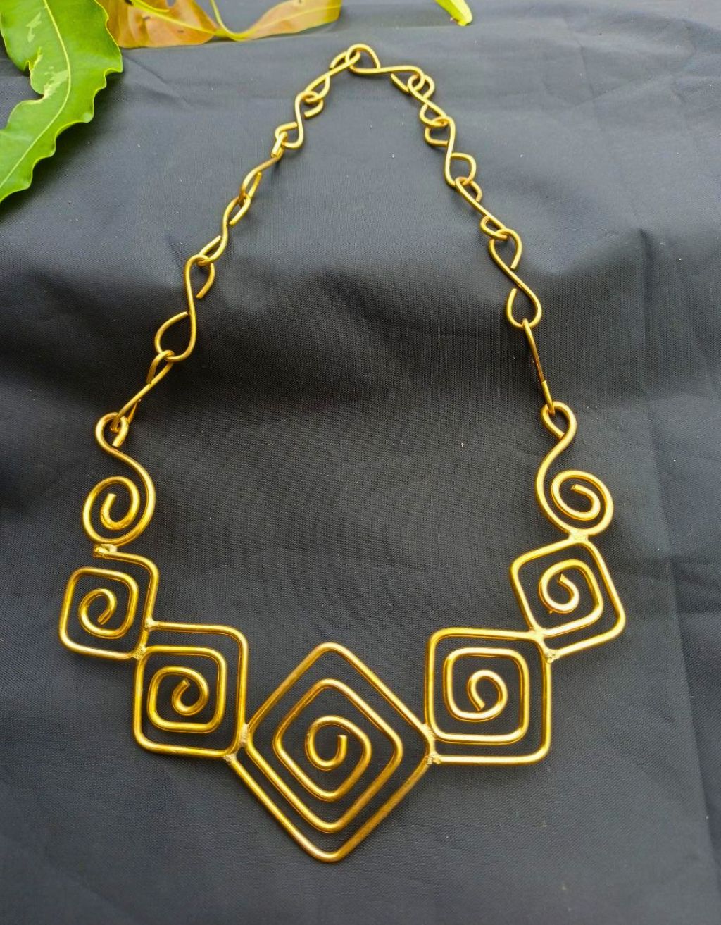 Handmade Gold Dokra Spiral Necklace, Gold Square Spiral Pendant